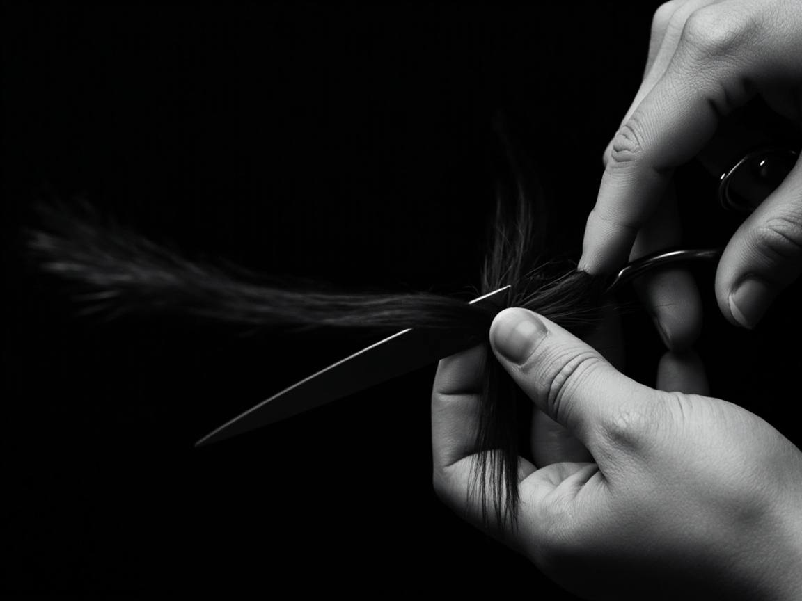 Mains coupant une mèche aux ciseaux, cheveux en mouvement