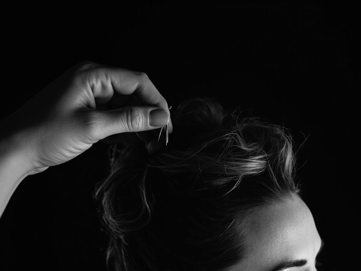 Mains terminant un chignon, épingles entre les doigts