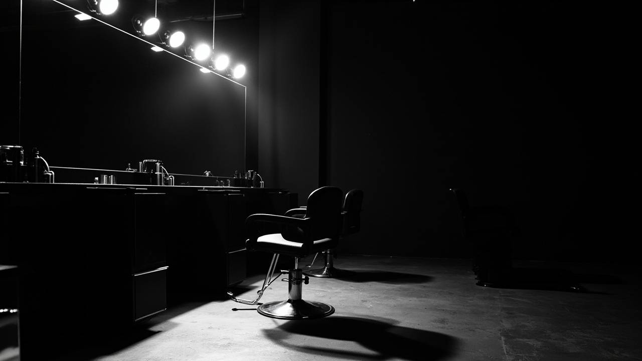 Le salon, fauteuils noirs et grands miroirs sous les spots